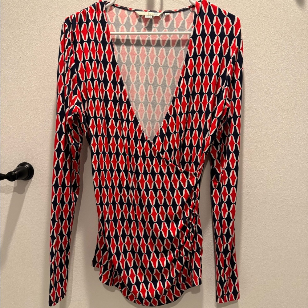 Boden Red and Black Patterned Long Sleeve Top
